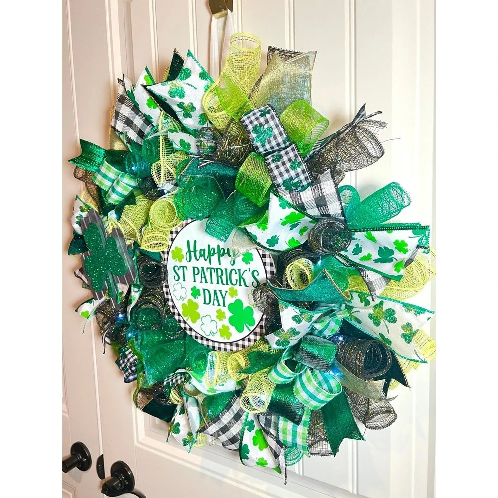Handmade Happy St. Patrick’s Day Ribbon Prelit Wreath 22 ins LED W7